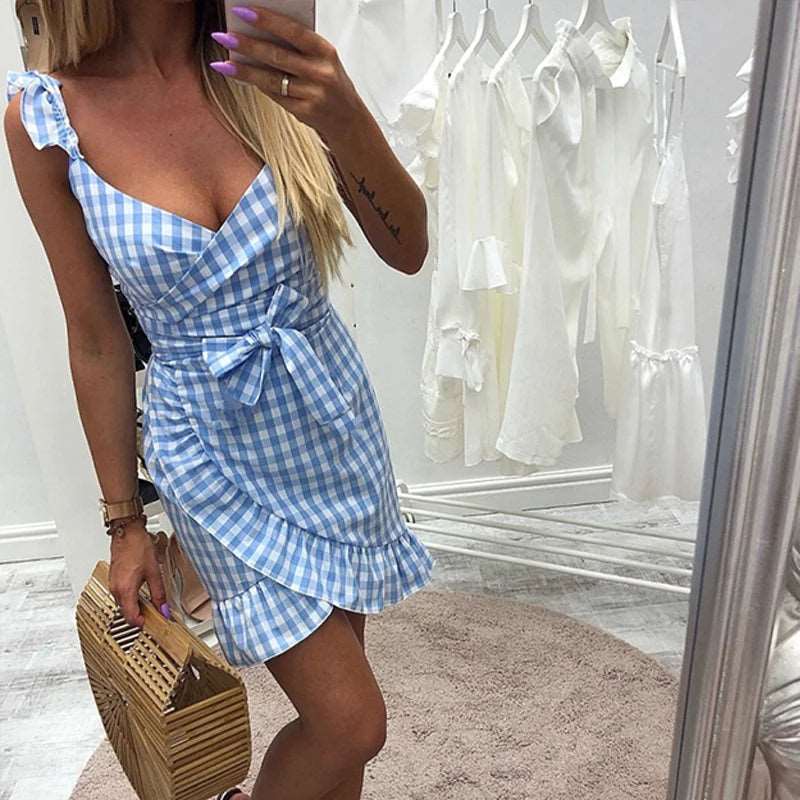 Backless V-Neck Check Lace Dress