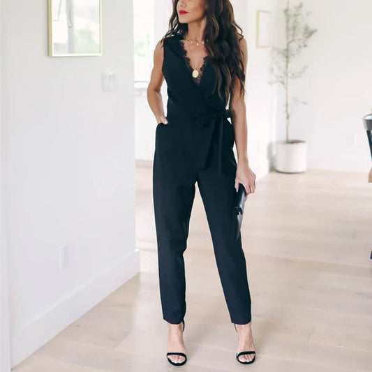 Lace jumpsuit with belt.